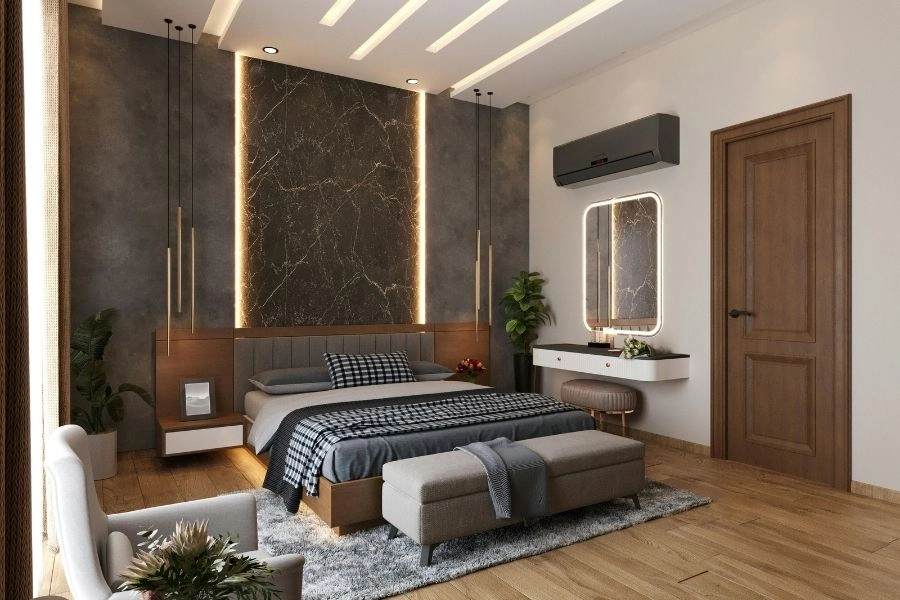 Moderna spavaća soba sa dekorativnom rasvetom i drvenim detaljima