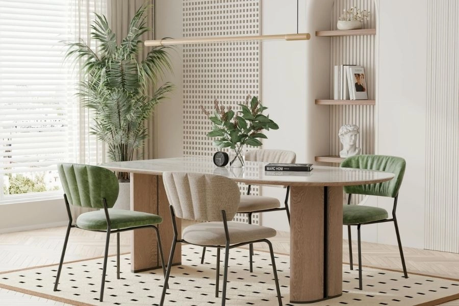 Moderan enterijer sa prirodnim materijalima i zelenim detaljima