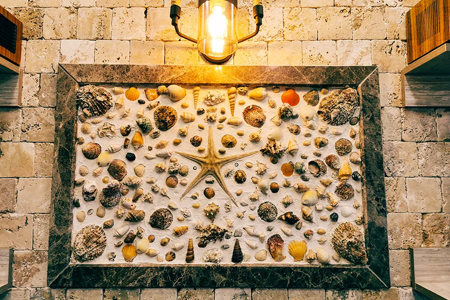 Zidna dekoracija sa školjkama i morskim detaljima